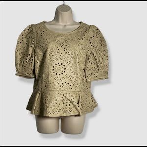 $100 Ralph Lauren Women's Beige Leather Pleated Round Neck Blouse Top Size 14